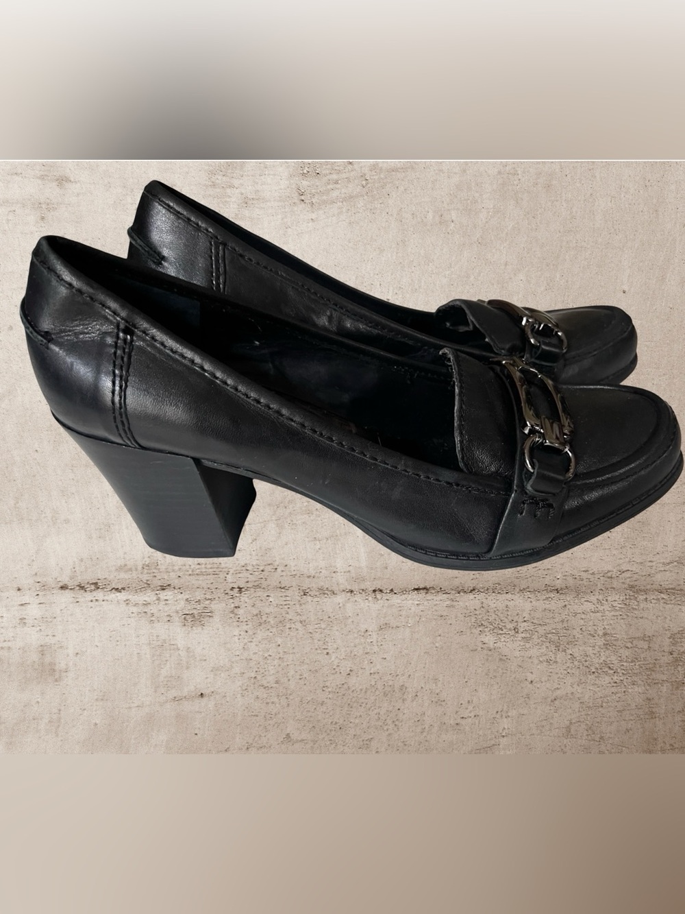 Nine West Black Leather Heeled Loafers Buckle Detail Block Heel Pumps